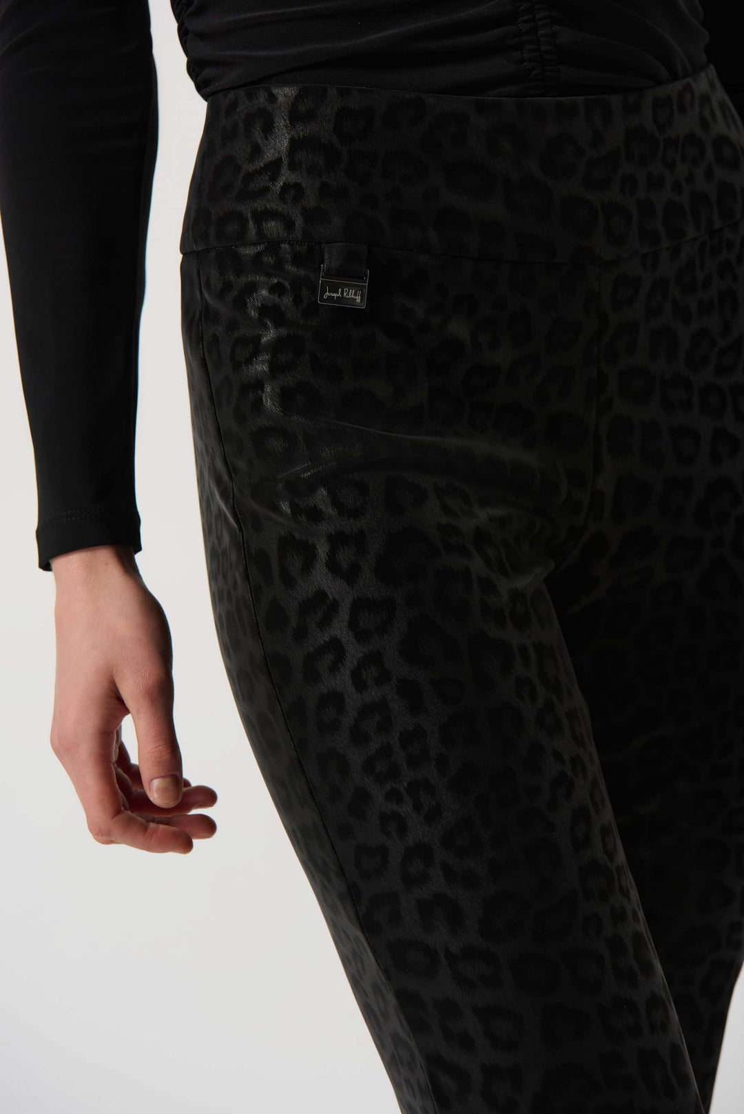 "Joseph Ribkoff Black Leatherette Animal Print Pull-On Pants Style 234900"