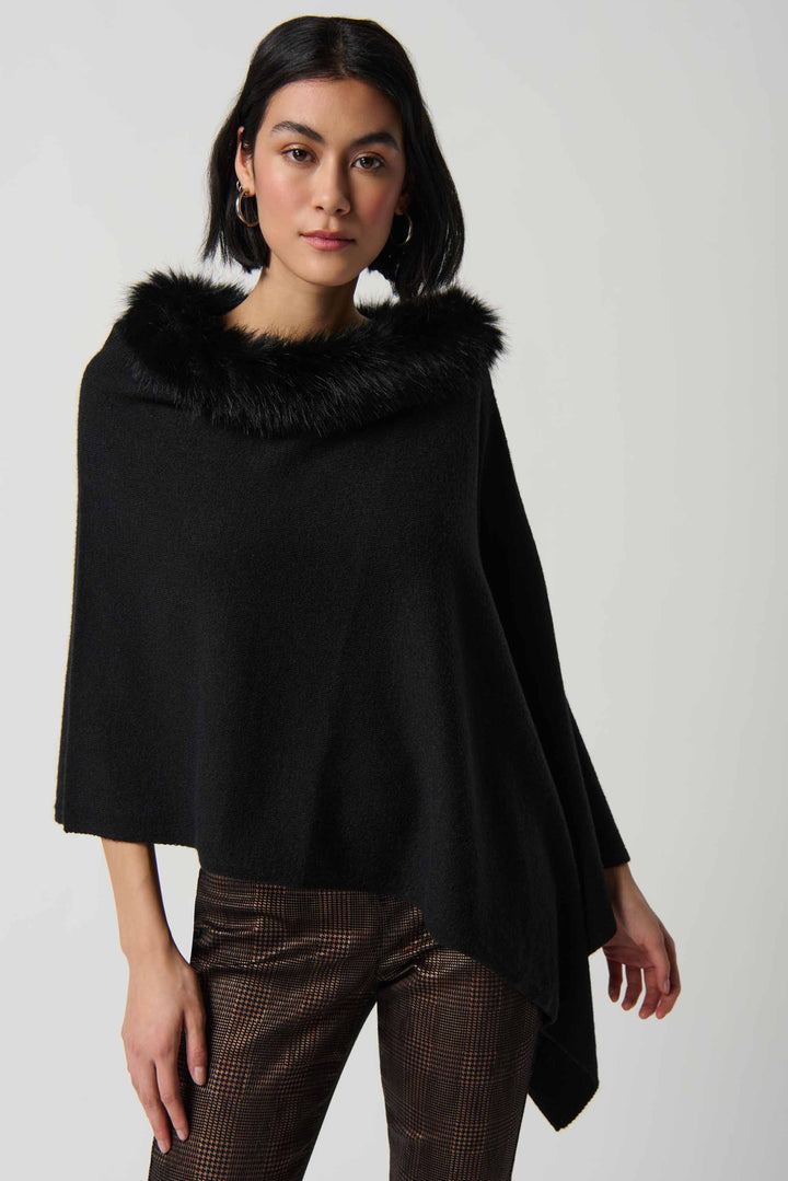 "Joseph Ribkoff Black Sweater Knit Poncho With Faux Fur Crewneck Style 234907"