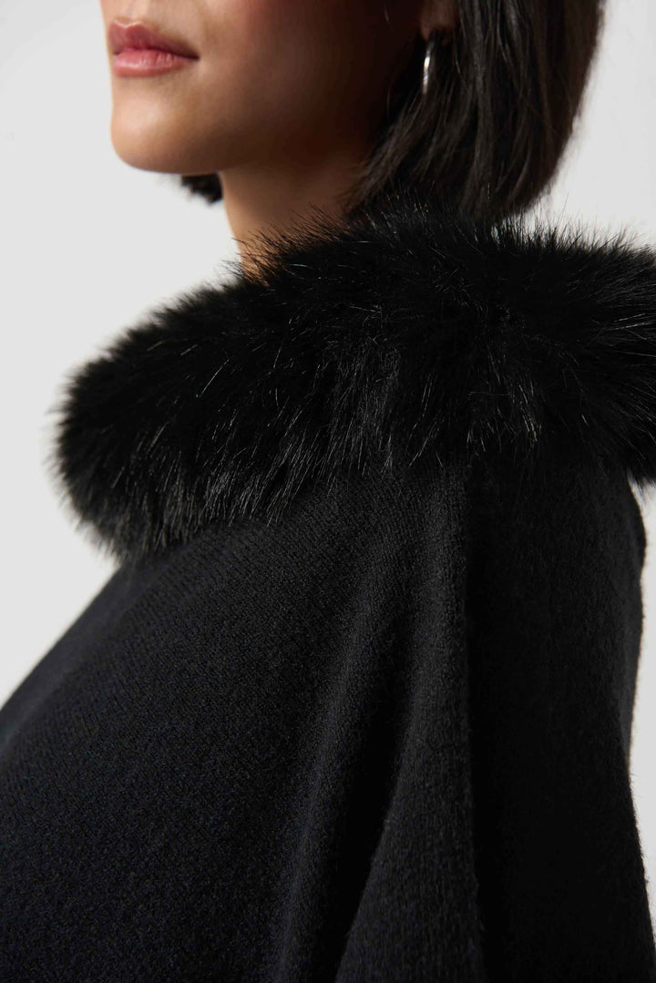 "Joseph Ribkoff Black Sweater Knit Poncho With Faux Fur Crewneck Style 234907"