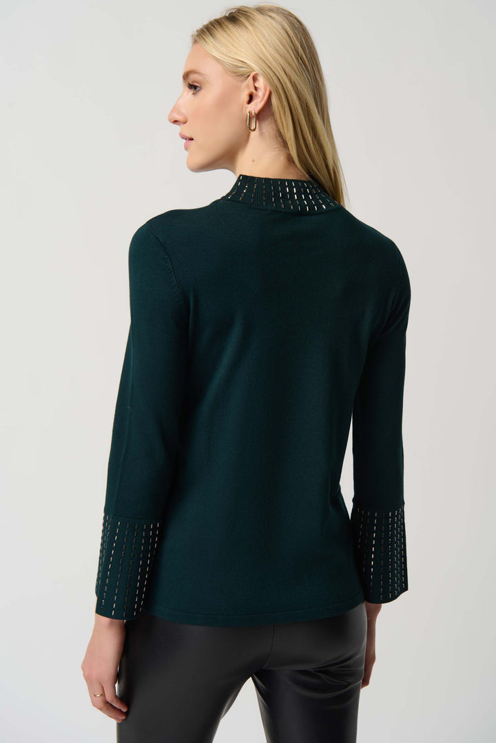 "Joseph Ribkoff Alpine Green Embellished Sweater With Bell Sleeve and Mock Neck Style 234920"