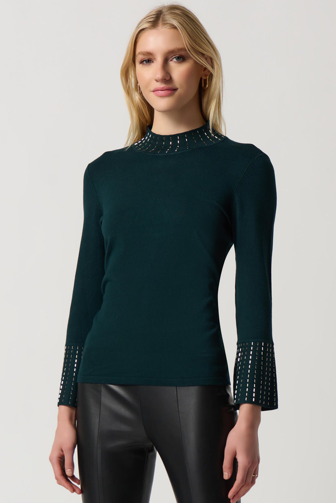 "Joseph Ribkoff Alpine Green Embellished Sweater With Bell Sleeve and Mock Neck Style 234920"