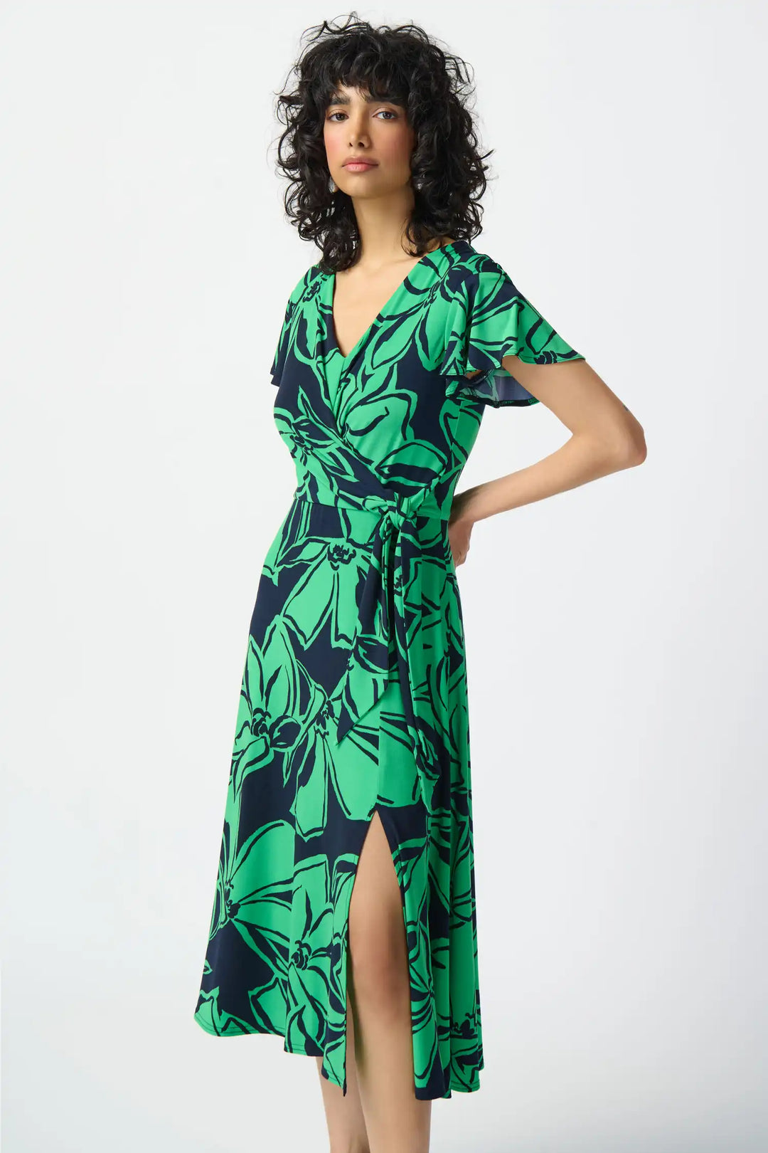 "Joseph Ribkoff Midnight Blue/Green Floral Print Flowy Wrap Dress Style 241052"