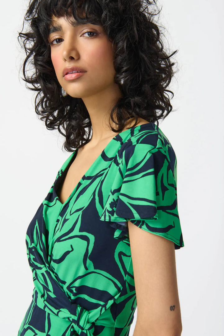 "Joseph Ribkoff Midnight Blue/Green Floral Print Flowy Wrap Dress Style 241052"