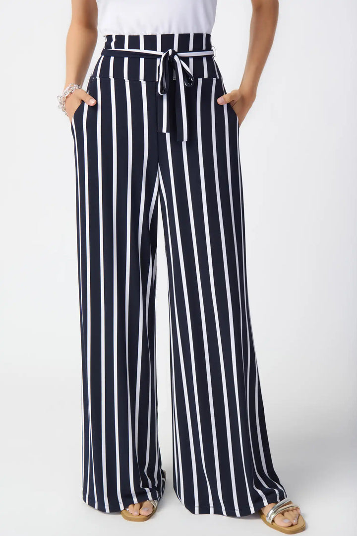 "Joseph Ribkoff Midnight Blue/Vanilla Striped Wide-Leg Pants Style 241135"