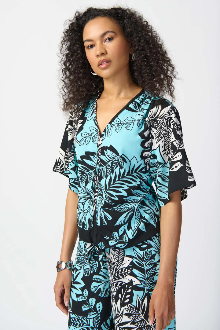 "Joseph Ribkoff Tropical Print Gauze Front Tie Top Style 241219"