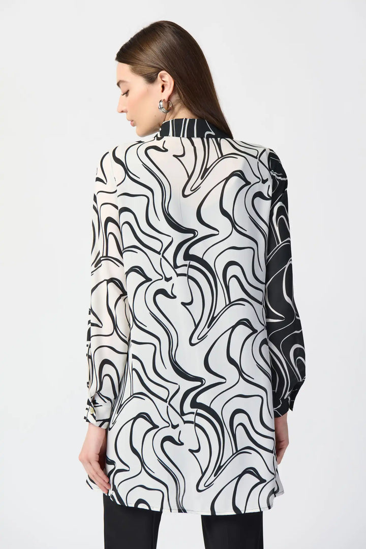 "Joseph Ribkoff Vanilla/Black Abstract Print Georgette Blouse Style 241250"