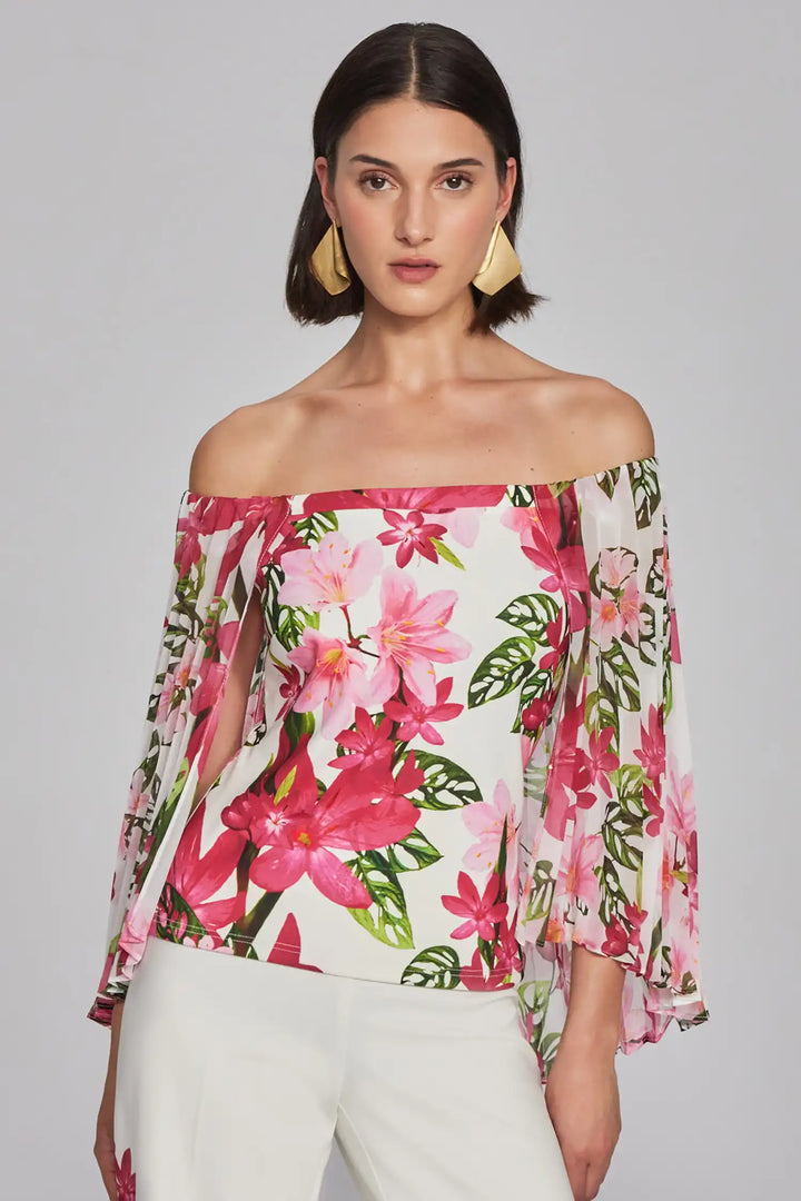 "Joseph Ribkoff Vanilla/Multi Floral Print Chiffon Off-the-Shoulder Top Style 241780