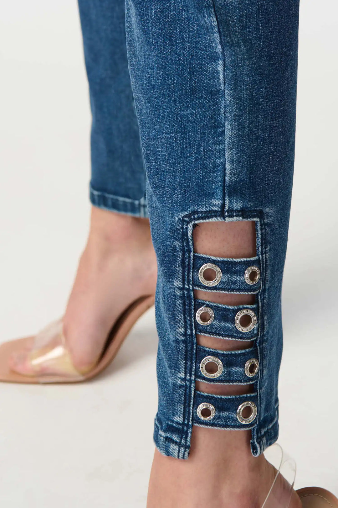 "Joseph Ribkoff Medium Blue Classic Slim Jeans with Embellished Hem Style 241900"