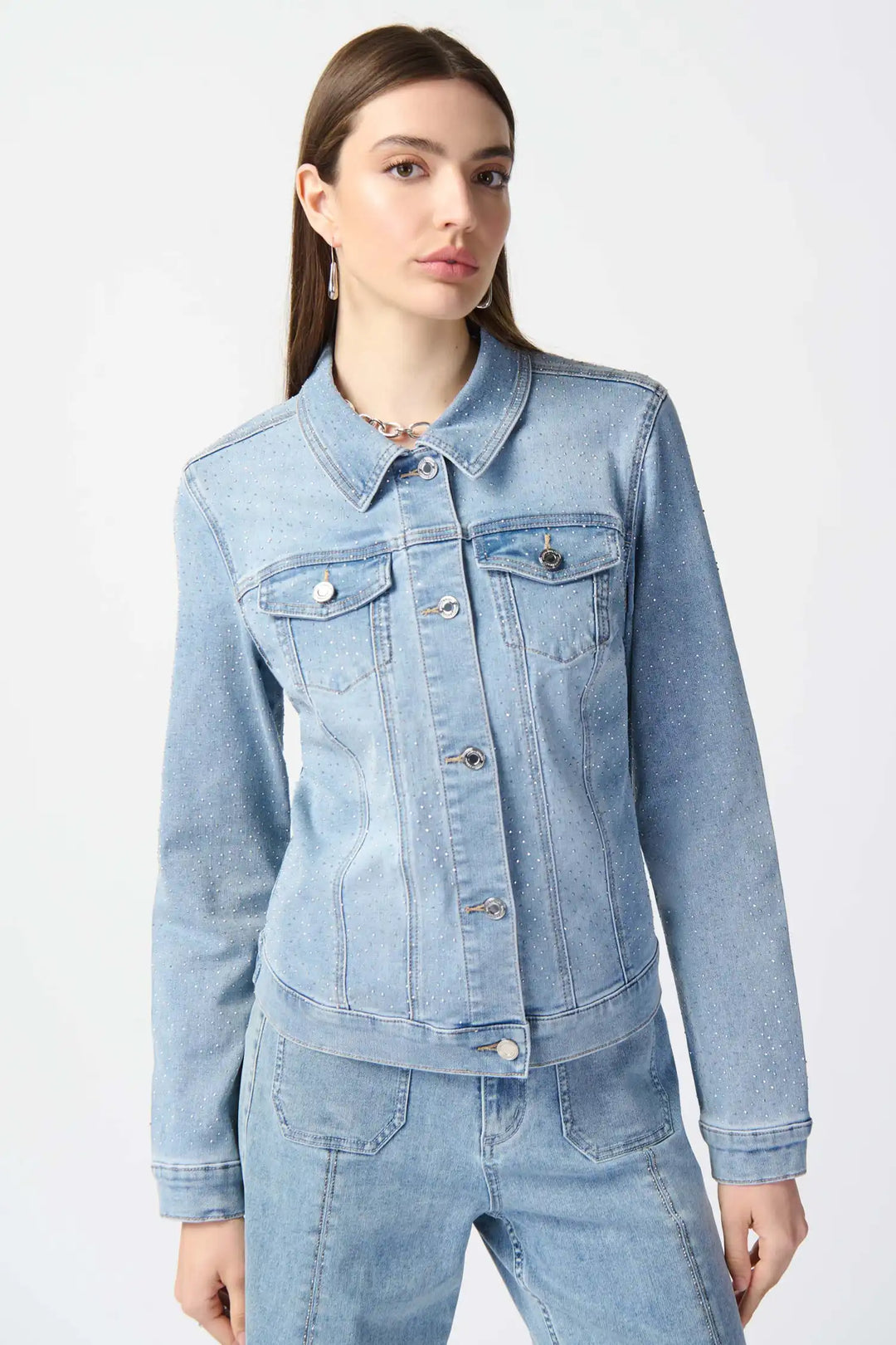 "Joseph Ribkoff Light Blue Fitted Denim Jacket with Rhinestones Style 241914"