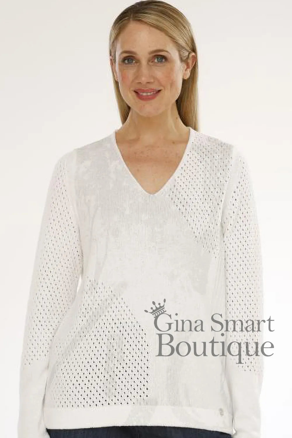 Gollehaug White V-Neck knit top with a delicate pointelle textured pattern.  Available at Gina Smart Boutique.
