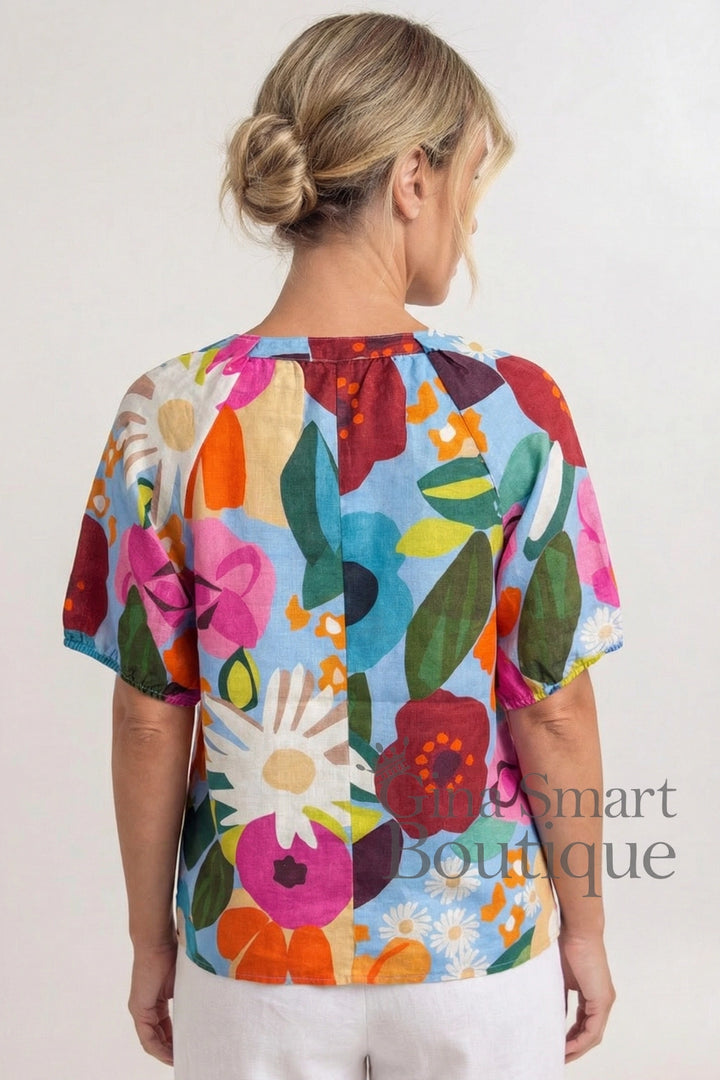See Saw Kaleido Bloom Print Linen Blouse - Bloom Burst (K88)