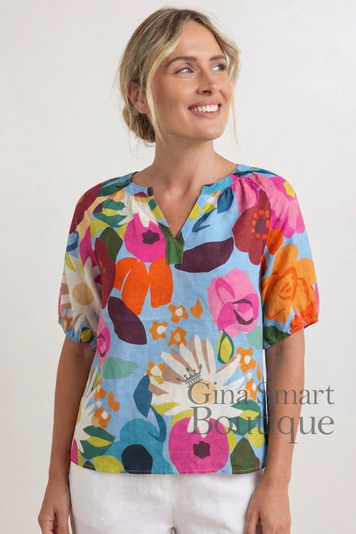 See Saw Kaleido Bloom Print Linen Blouse - Bloom Burst (K88)
