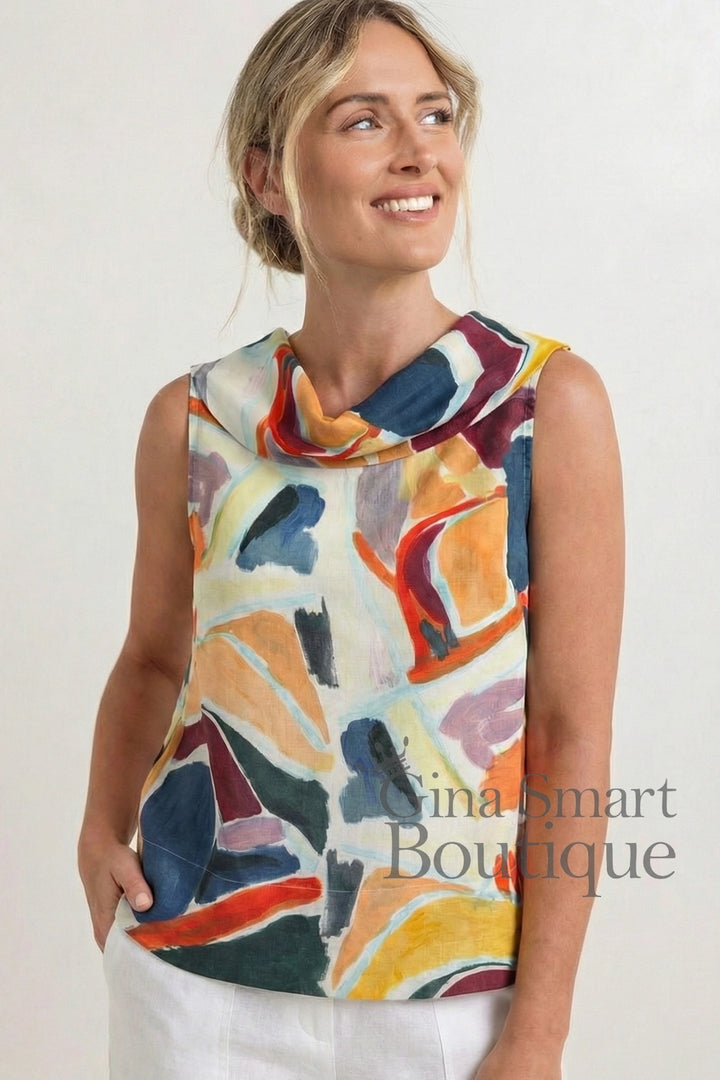 See Saw Linen Abstract Print Top - Abstract Print (440)