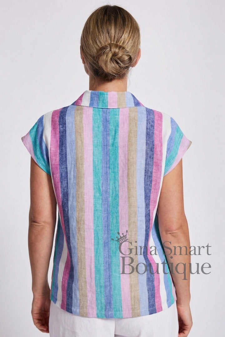 See Saw Linen Extended Sleeve Shirt - Denim/Pink Multi Stripe (SS452)