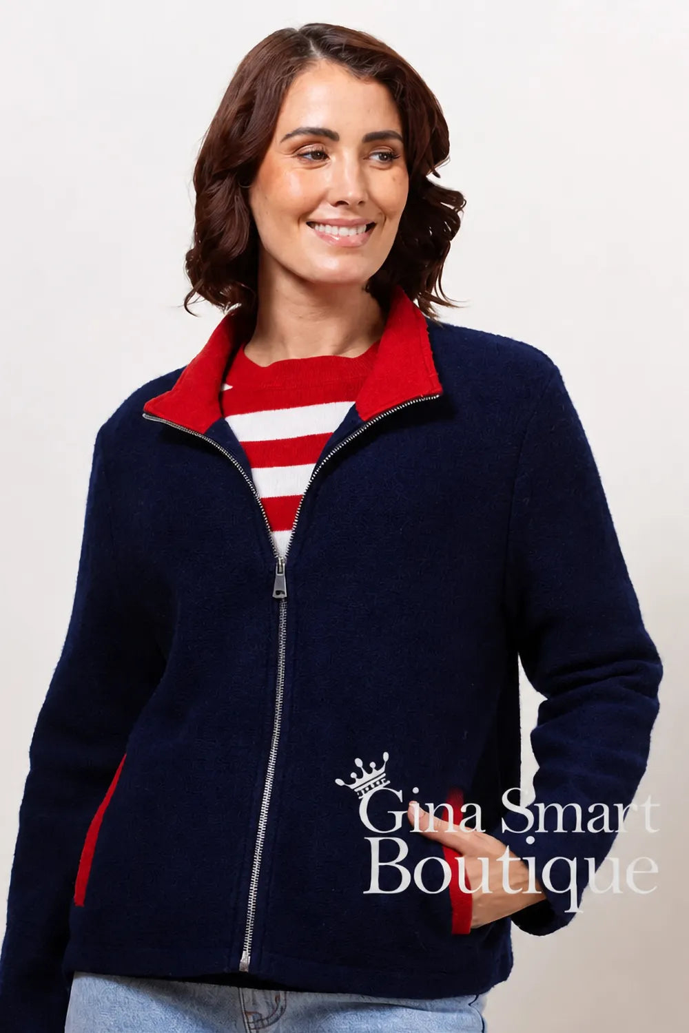 See Saw Navy and Red Boiled Wool Zip Cardigan Style SS613