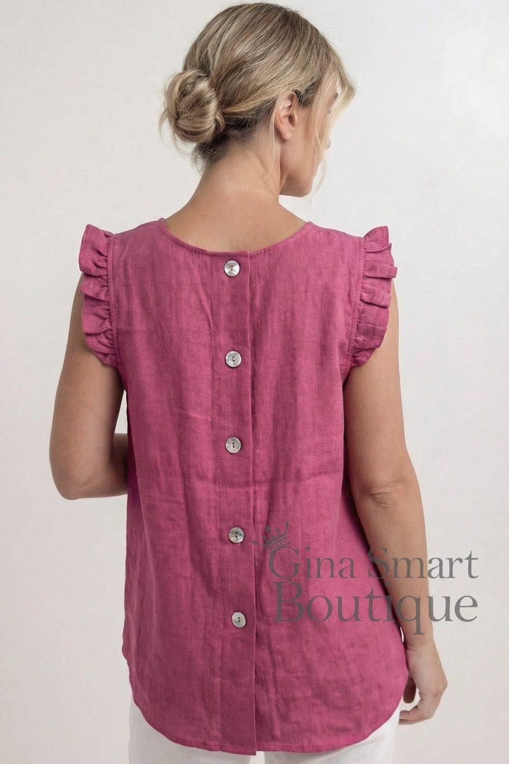 See Saw Ruffle Sleeve Button Back Top - Raspberry (380)