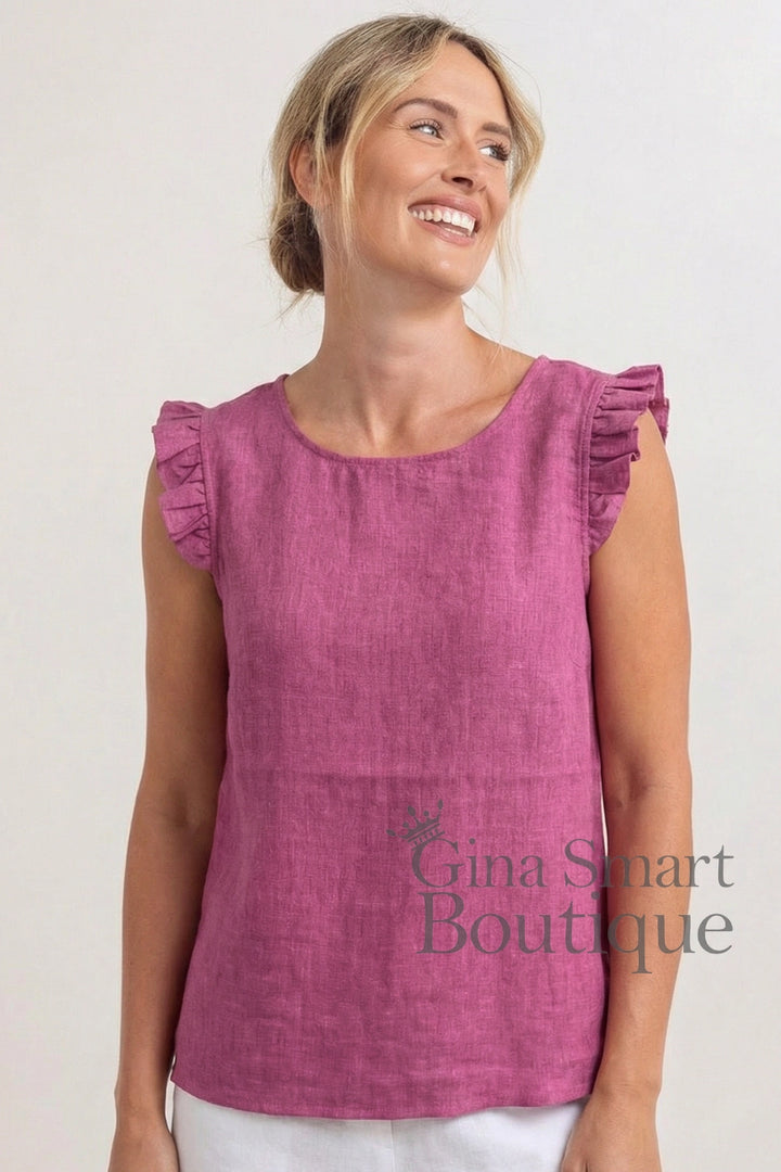 See Saw Ruffle Sleeve Button Back Top - Raspberry (380)