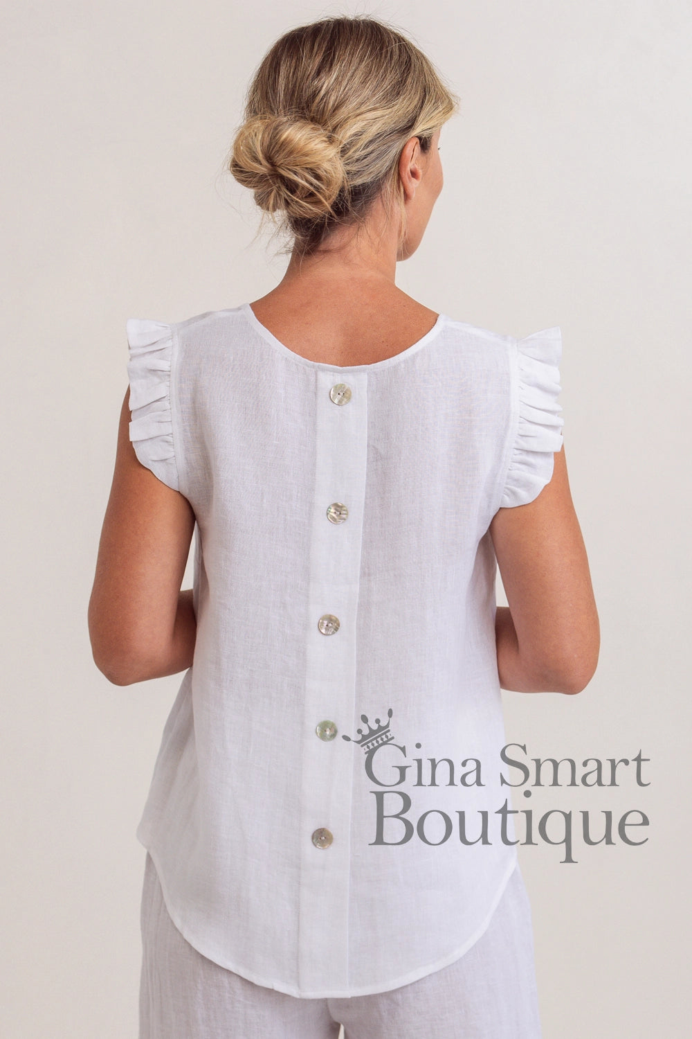 See Saw Ruffle Sleeve Button Back Top - White (380)