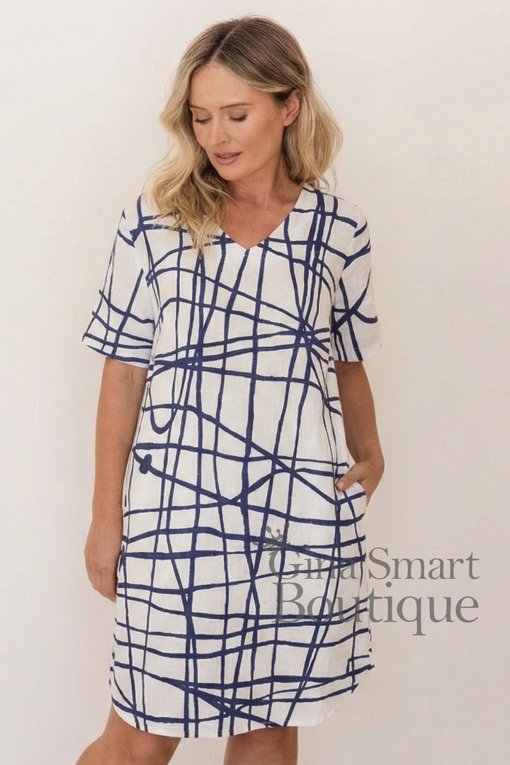 See Saw Soft V Neck Linen Dress - Tokyo Streets (406)