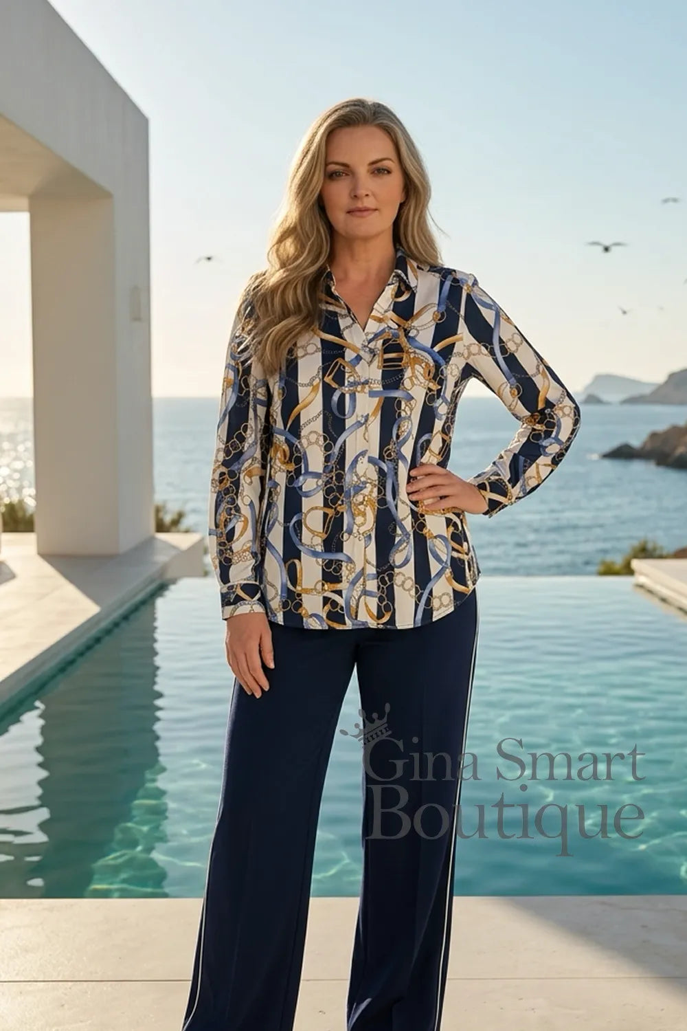 VLT's-by-Valentinas-Chain-Print-Silk-Touch-Shirt-Style-111 is a long sleeve blouse with navy and beige vertical stripes and a gold chain link pattern.