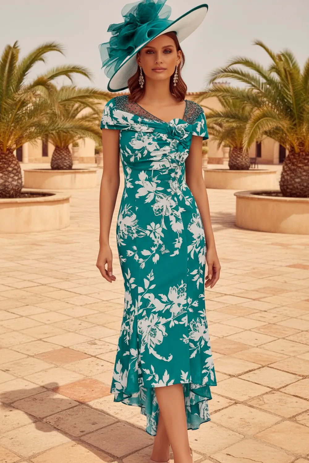 Woman in a teal floral dress with a matching hat standing in front of palm trees.