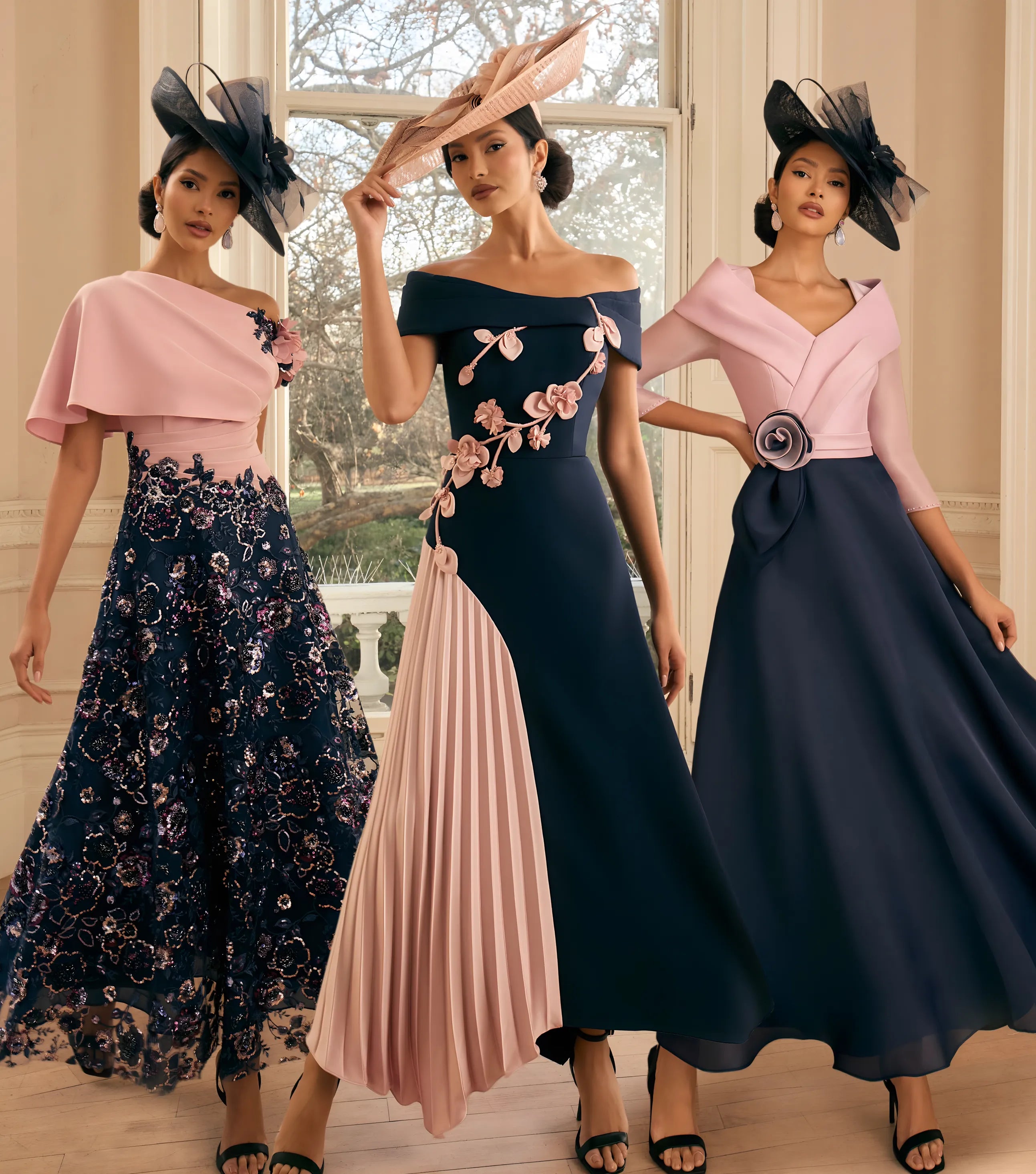 Three women in elegant dresses and hats standing in a room with large windows.