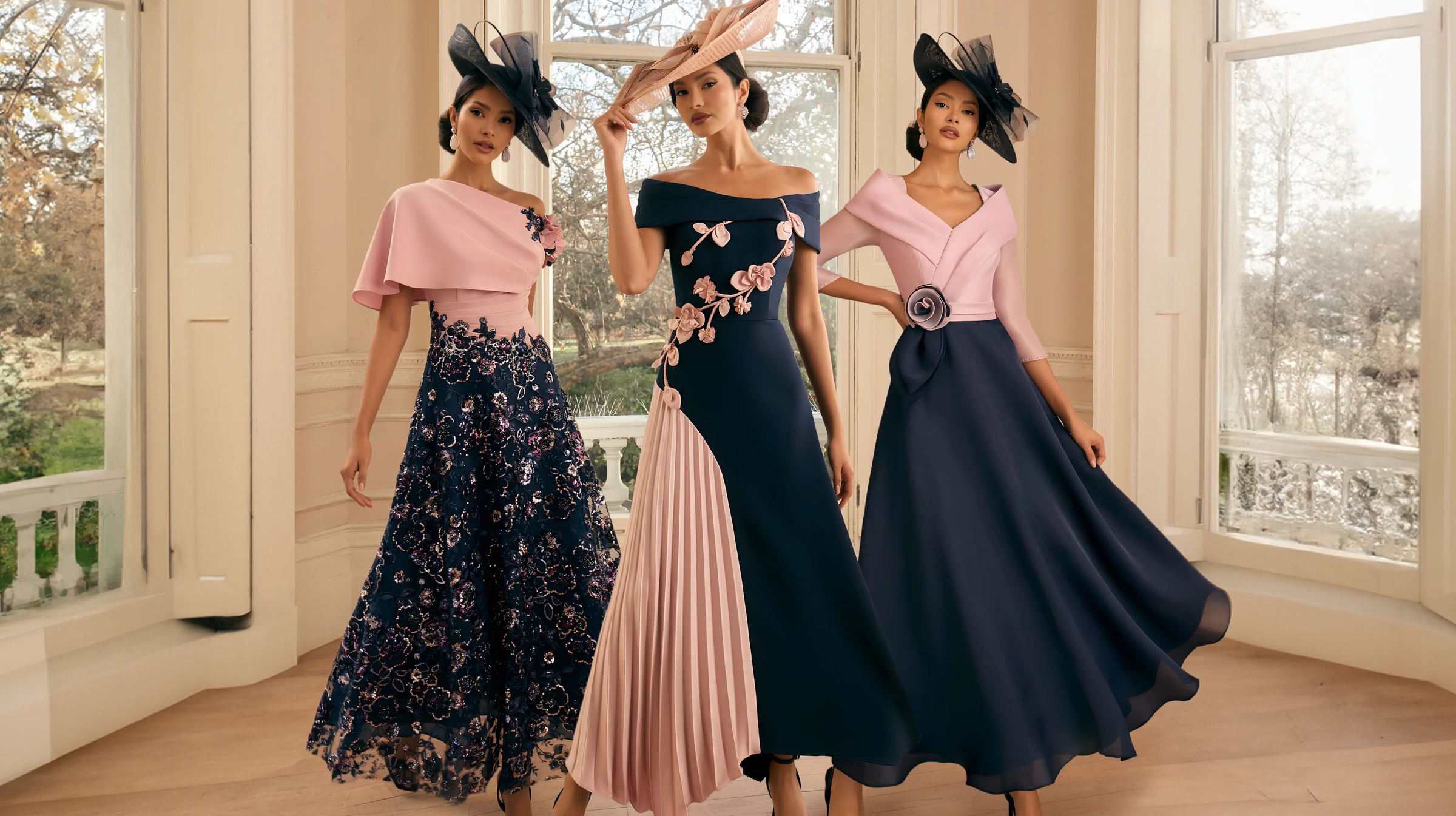 Three women in elegant dresses and hats standing in a room with large windows.