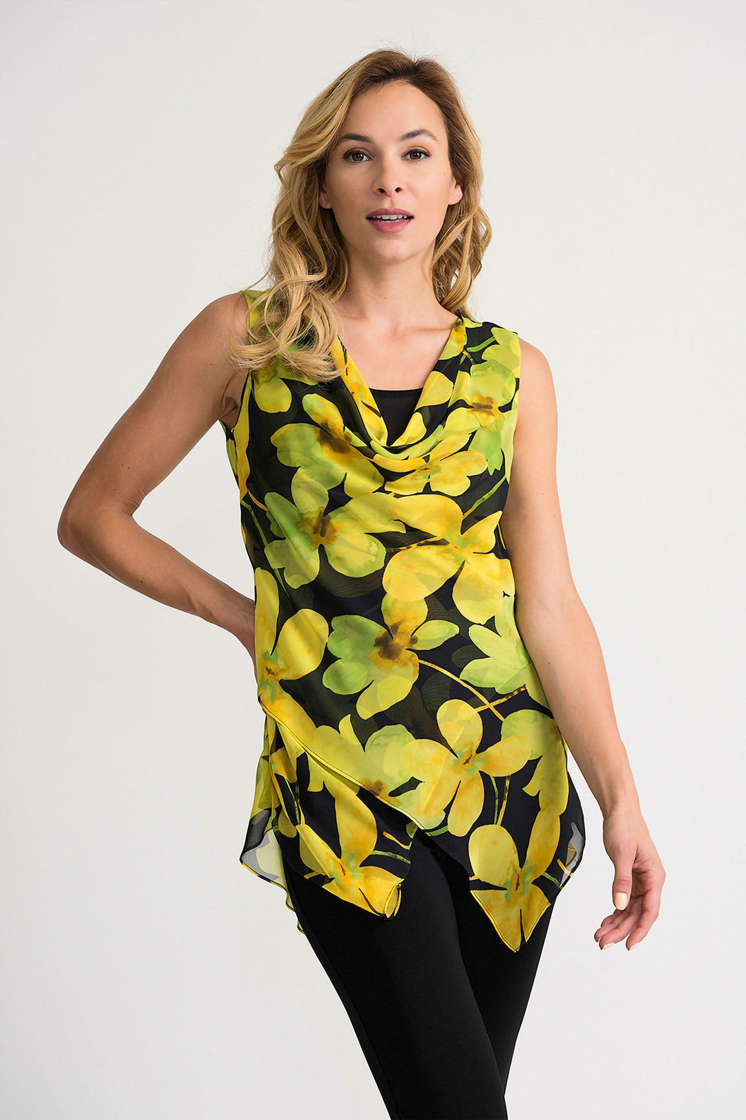 Joseph Ribkoff Black/Yellow Top Style 202154 - Top Black, Chiffon Top, Cruise Wear, Floral, Print, Ribkoff, Sale, Sleeveless Top, Spring Summer 2020, Top, Yellow ginasmartboutique