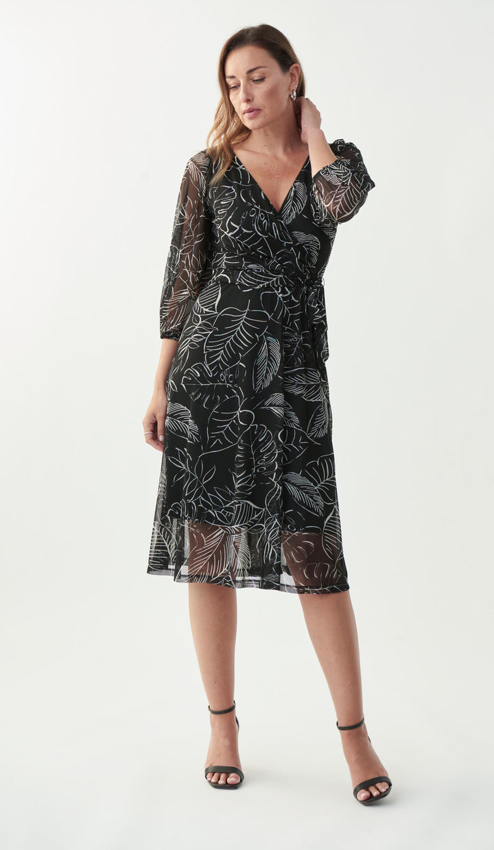 Joseph Ribkoff Black/Vanilla Palm Print Dress Style 221182 - Black, Dress, Print, SS22, Vanilla ginasmartboutique