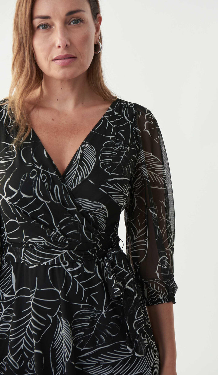 Joseph Ribkoff Black/Vanilla Palm Print Dress Style 221182 - Black, Dress, Print, SS22, Vanilla ginasmartboutique