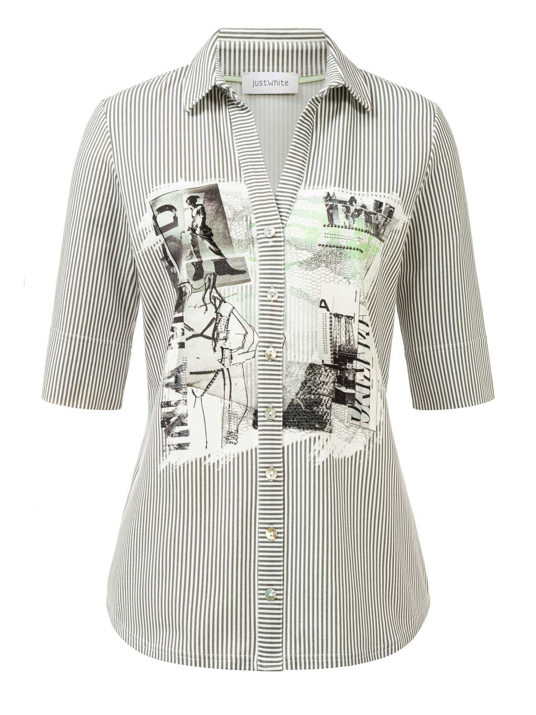 Just White Shirt Blouse Style J1648-685 - Blouse, Green, Khaki, Print, Sale, SS22, Top ginasmartboutique